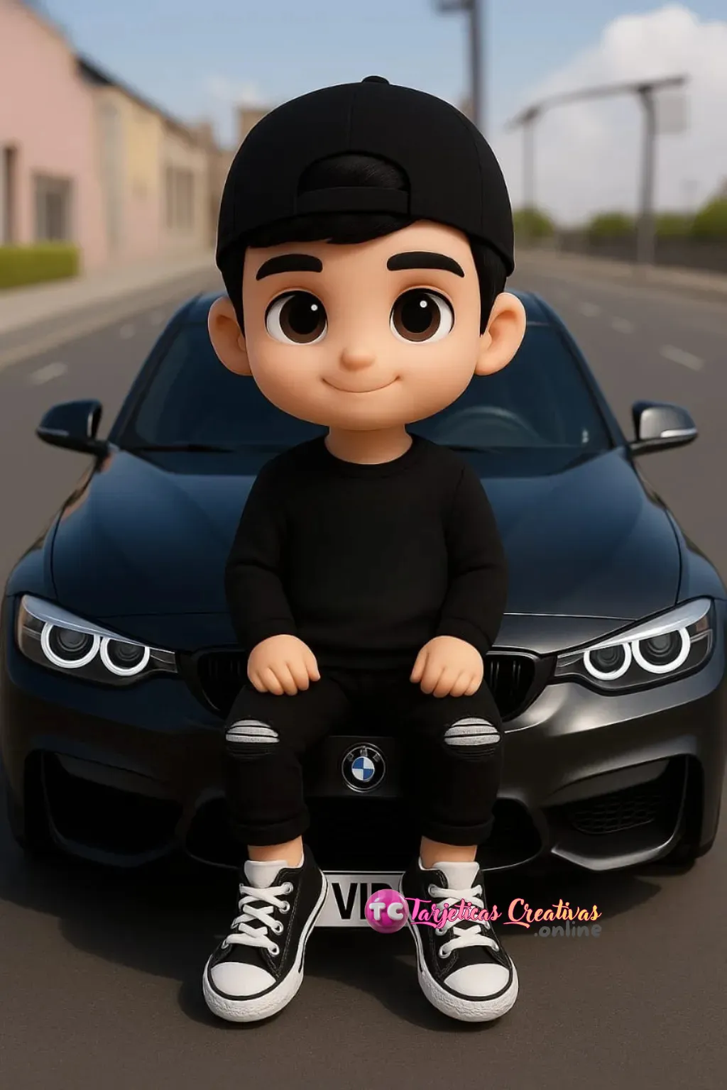 Muñeco pelo negro con carro negro